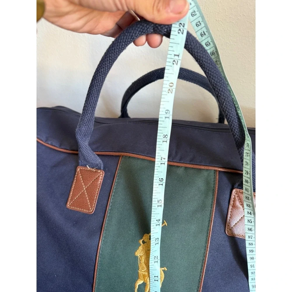 Polo Ralph Lauren Navy Blue Canvas Big Pony Duffle Bag Green Stripe Travel